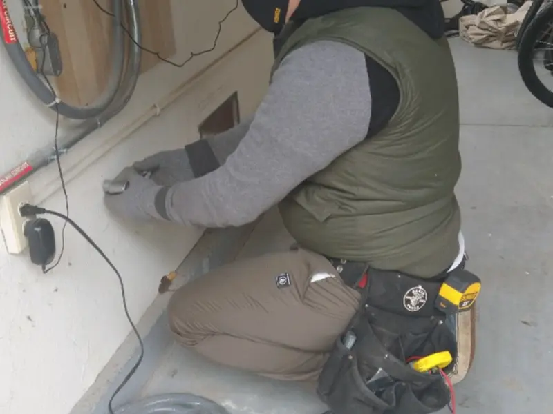 Electrician performing outlet wiring in a Montevideo garage